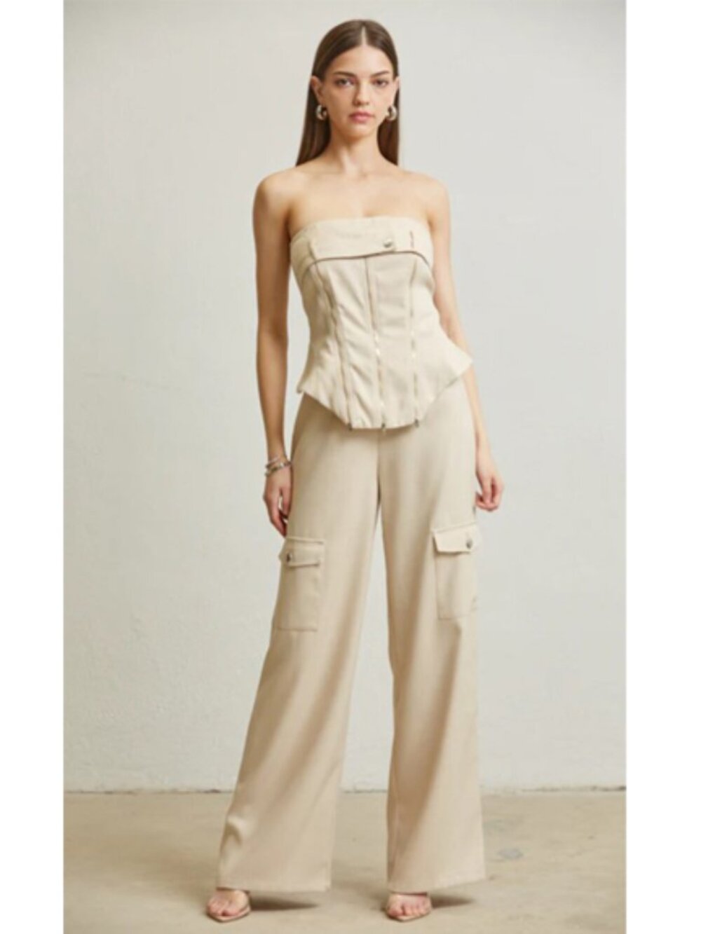 Beige Luxe Corset Top & Wide-Leg Cargo Pant Set